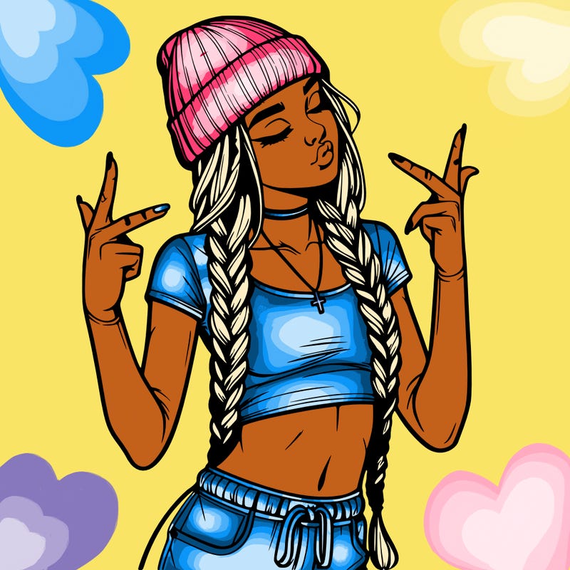 realistic teenage girl with braids and a beanie and crop top doing 🫶🏼