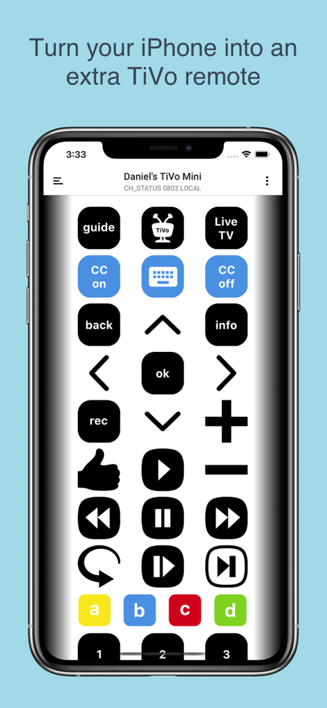 Interface of the TVO Remote for TiVo app on an iPhone showing playback and navigation buttons