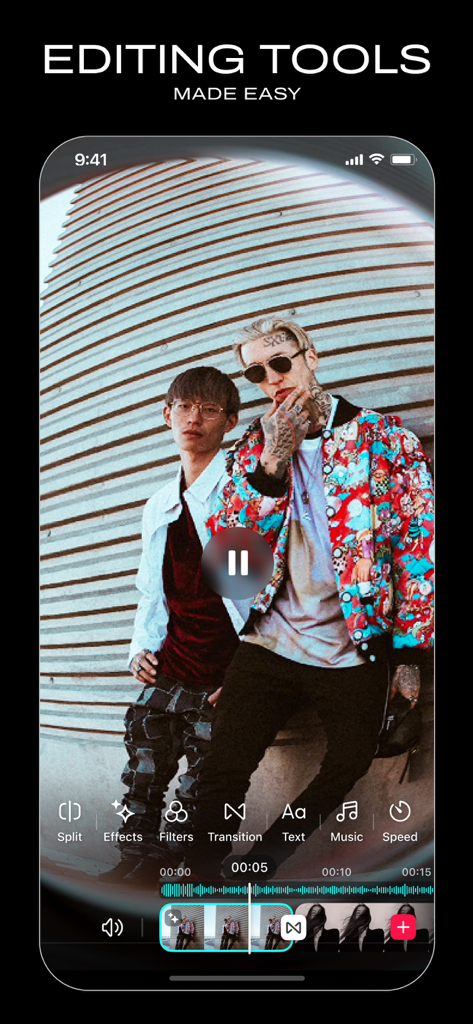 Mobile Oberfläche des Vids AI Video-Editors, die einfache Bearbeitungswerkzeuge für Social-Media-Reels zeigt