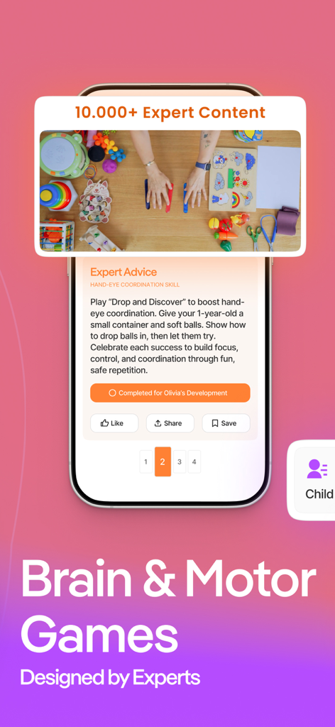 Mobile app screen showing expert-designed brain and motor games for baby development