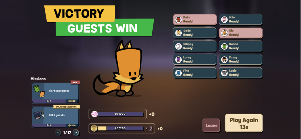 Victory screen in Suspects Mystery Mansion showing the guests win message and a cute fox character