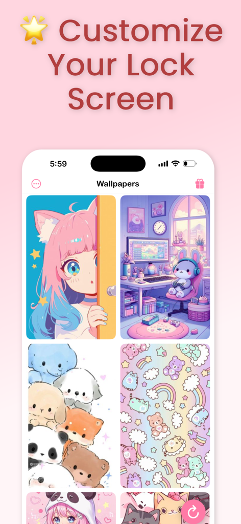 A collection of cute kawaii wallpapers featuring anime characters and aesthetic animal patterns for phone lock screen customization.