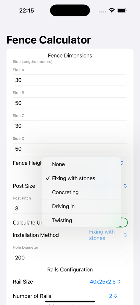 Interface of the FencePro app showing dimensions input fields and installation method options for building a fence