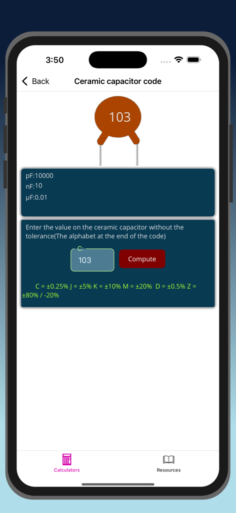 ElectricCalc Pro - Interfaz de la calculadora de código de condensador cerámico que muestra los valores para el código 103.