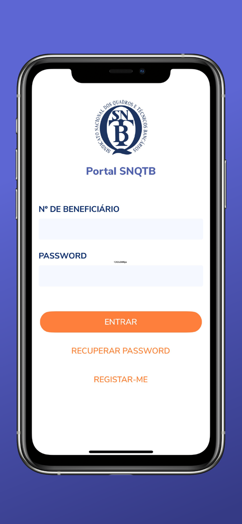 SNQTB - Login screen of the SNQTB mobile app featuring beneficiary number and password fields