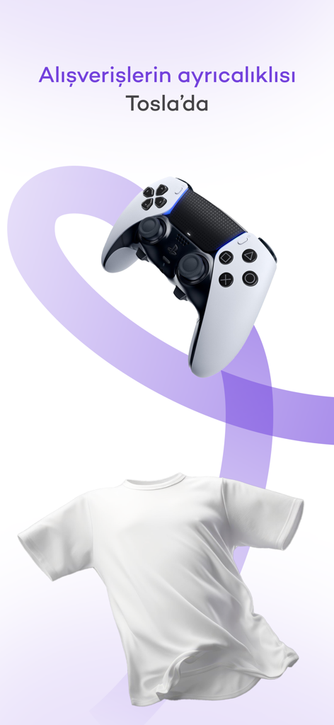 Tosla app promotional screen showing a gaming controller and a white t-shirt with shopping rewards text