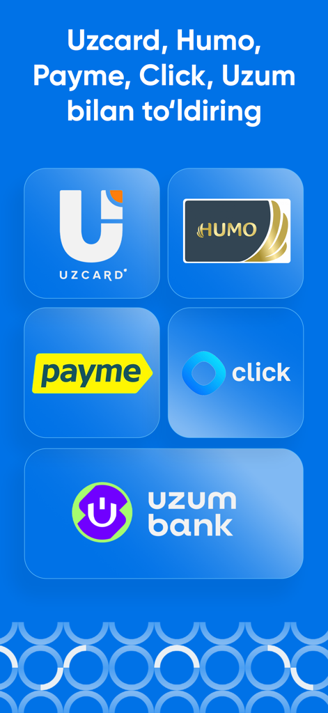 Beon - Tela do aplicativo Beon mostrando métodos de pagamento integrados, incluindo Uzcard, Humo, Payme, Click e Uzum bank.