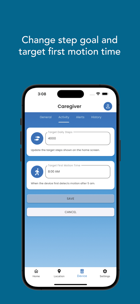 Caregiver Mobile - Interface of the Caregiver Mobile app showing settings for daily step goals and target first motion time