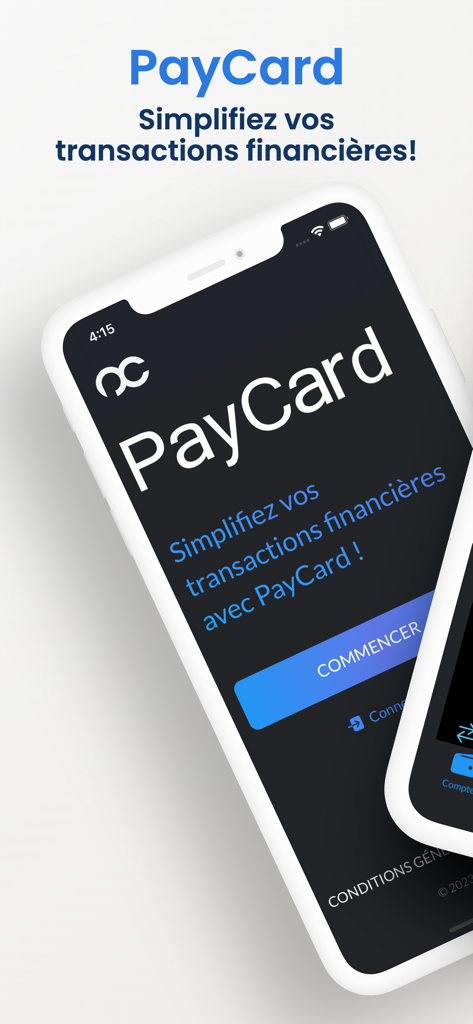 PayCard mobile app splash screen with the text simplify your financial transactions in French
