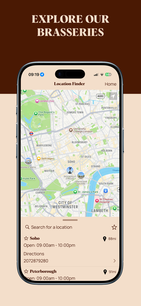 Schermata del localizzatore di ristoranti dell'app Côte Brasserie che mostra una mappa di Londra e dettagli dei ristoranti come Soho e Peterborough.