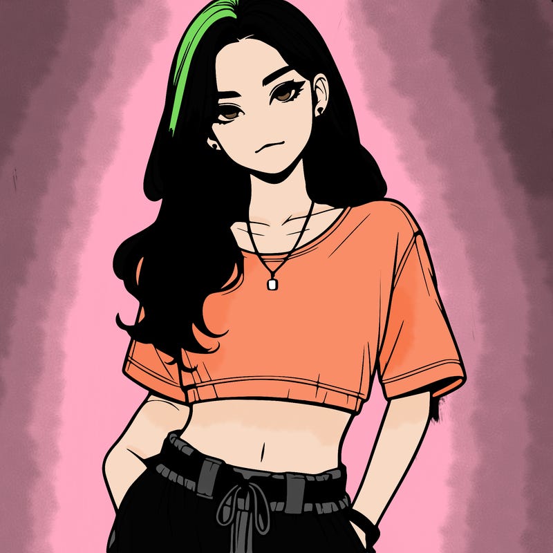 realistic girl witha crop top and baggy pants