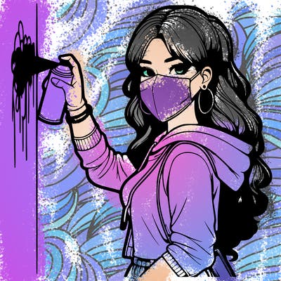 realistic girl with mask spray painting a wall