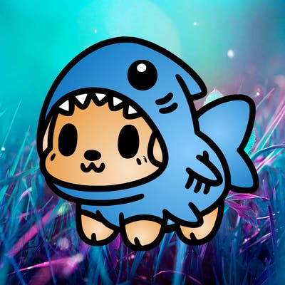 cute dog wearing a shark costume