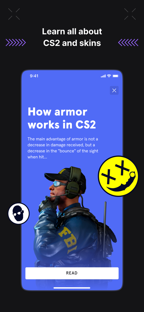 CS.MONEY mobile app screen showing a Counter-Strike 2 news article about how armor works.