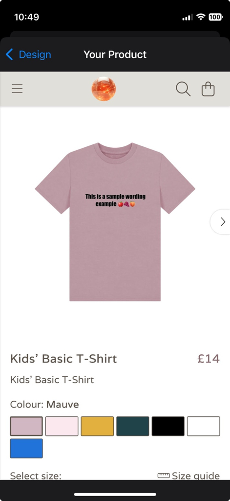 YoMeme: Meme Maker & Editor - YoMemeアプリのインターフェース。カスタムテキストを使用したモーヴ色のTシャツデザインと、グッズ作成用のボタンが表示されています。