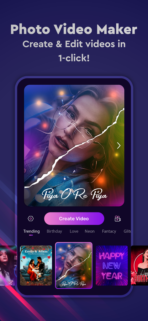 Photo to Video Maker With Song - Interface of the Pixpoz app showing video templates for birthdays love and trending social media content