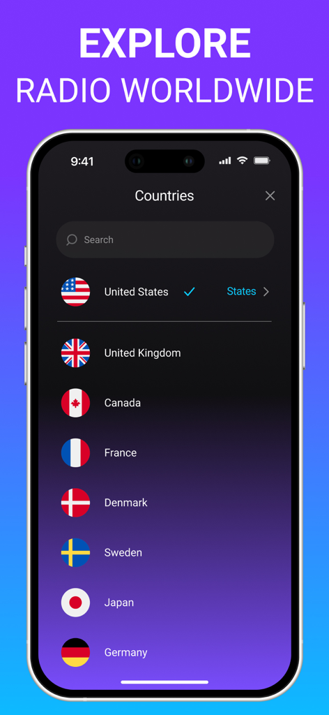 Radio FM & AM: All Stations - 전 세계 방송국 선택을 위한 국가 목록을 보여주는 라디오 앱 인터페이스