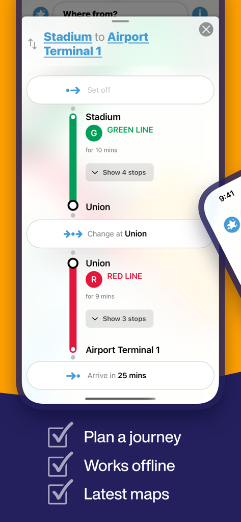 Aplicación Mapa Interactivo del Metro de Dubái mostrando un viaje paso a paso desde la estación Stadium hasta la Terminal 1 del Aeropuerto con detalles de transbordo