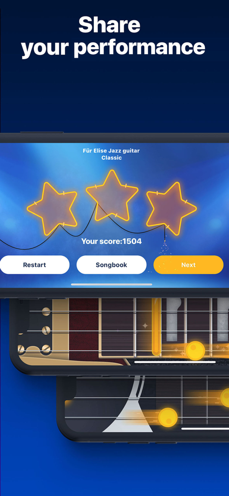 Guitar game screen showing a three star score and 1504 points with a share your performance header