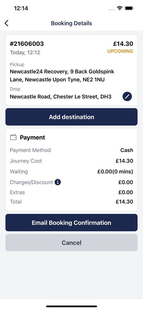 Blueline Taxis - Blueline Taxis app screen showing upcoming booking details with fare and route information