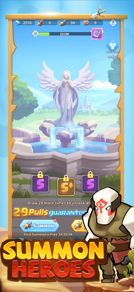 Hero Clash - Interface do jogo Hero Clash para invocar heróis com uma fonte de estátua alada e botões de gacha
