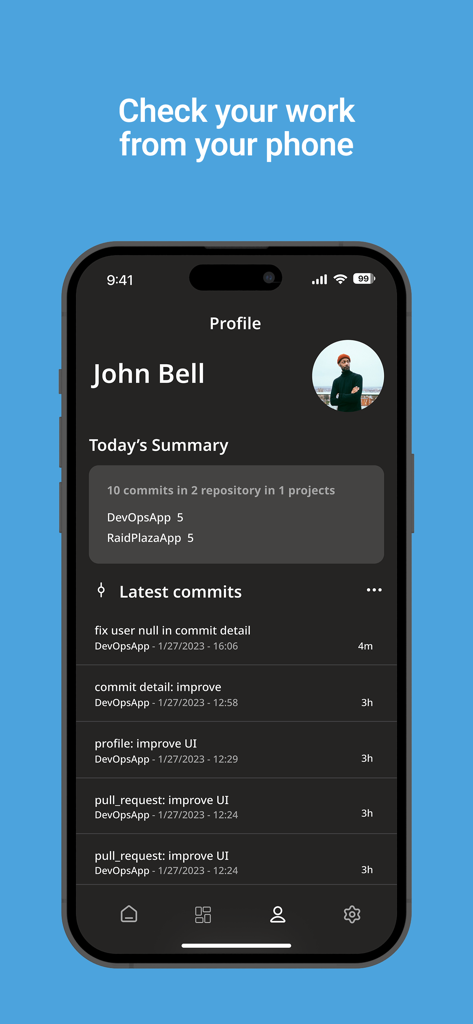 Az DevOps - Az DevOps mobile app profile page displaying a daily summary of commits and repositories.