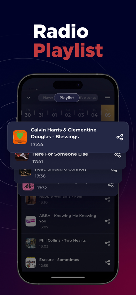 Mobile app interface showing a radio playlist history with artists like Calvin Harris and ABBA.