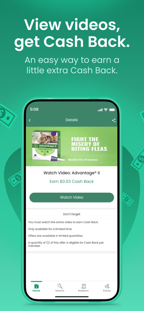 Pantalla de la aplicación móvil Checkout 51 que muestra una función para ganar reembolsos viendo videos.