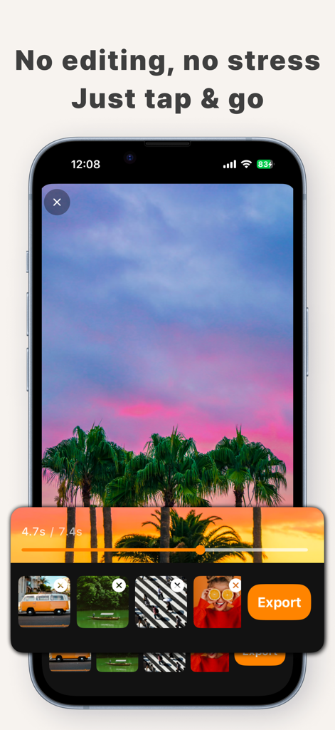 Shardee | Daily vlog camera - Shardee 앱 인터페이스는 미학적인 일몰 비디오 클립과 내보내기 버튼이 있는 간단한 비디오 병합 표시줄을 보여줍니다.