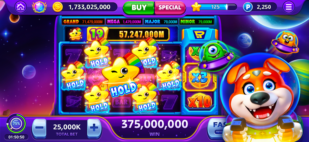 Vegas Craze Casino - Space themed slot machine in Vegas Craze Casino showing a big win with star icons and an astronaut dog character