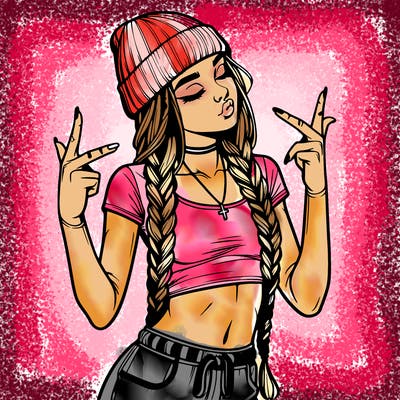 realistic teenage girl with braids and a beanie and crop top doing 🫶🏼