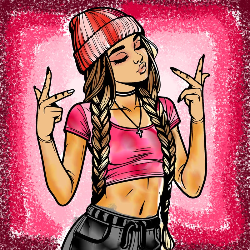 realistic teenage girl with braids and a beanie and crop top doing 🫶🏼