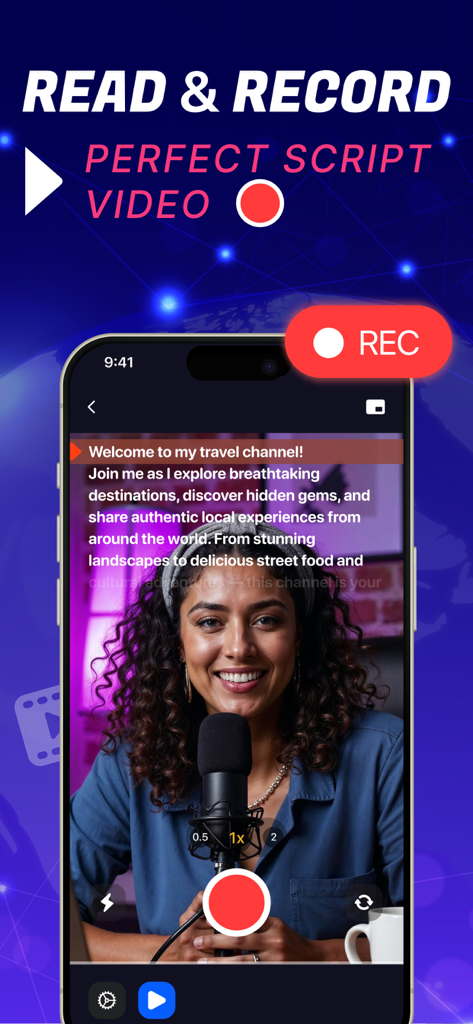 Teleprompter Camera - Un creador grabando un video usando la aplicación Teleprompter Camera con un guion desplazable en la pantalla de un iPhone.