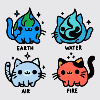 4 cats that represent the different elements, earth, water, air, and fire