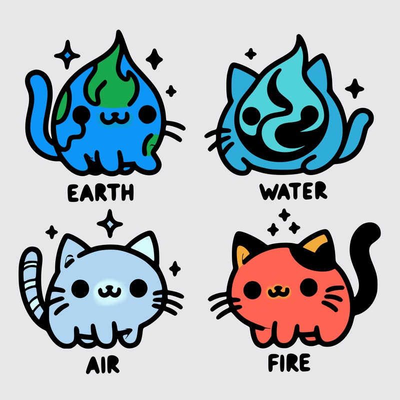 4 cats that represent the different elements, earth, water, air, and fire
