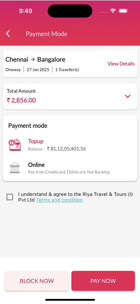 Riya Connect For Travel Agents - Pantalla de selección del modo de pago para una reserva de vuelo en la aplicación de agentes de viajes Riya Connect