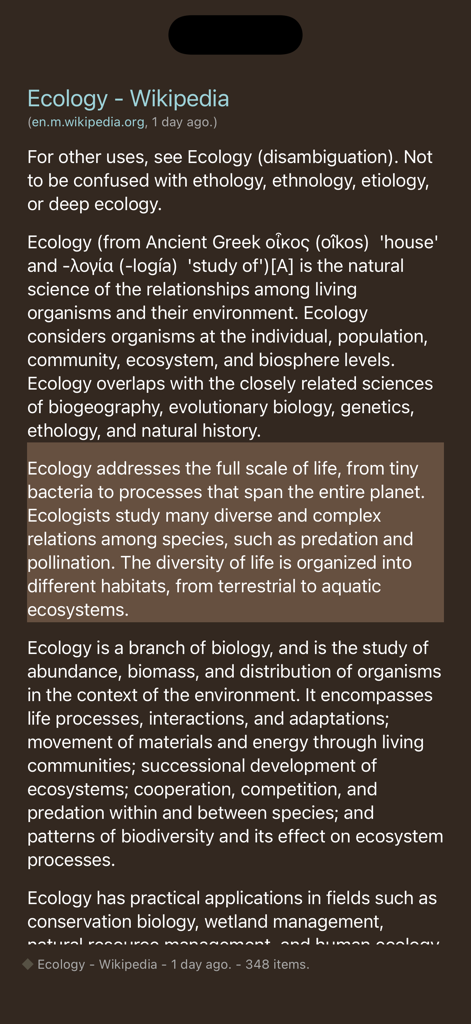 Speak News app interface showing a Wikipedia article on ecology in dark mode text view