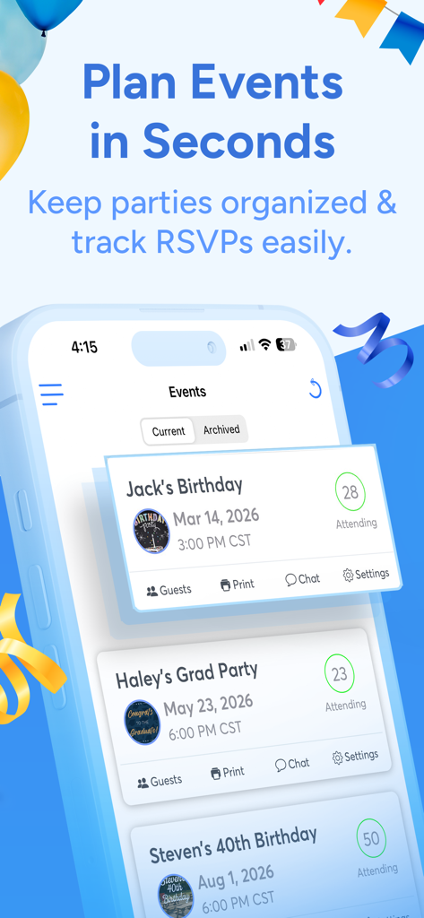 Invitd Party Invites & RSVP - Interfaz de la aplicación móvil Invitd que muestra la planificación de eventos y el seguimiento de RSVP para fiestas