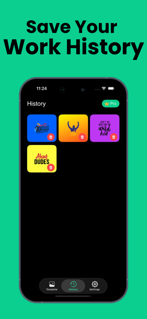 Craft Me: Sublimation Designer - History screen of the Craft Me sublimation designer app displaying saved design projects