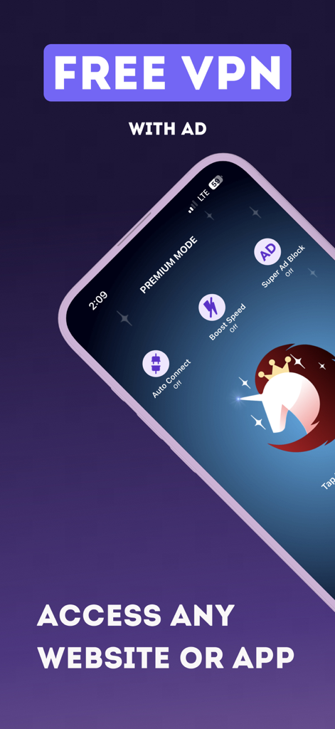 Smartphone displaying the Free VPN app interface with a tagline to access any website or app.