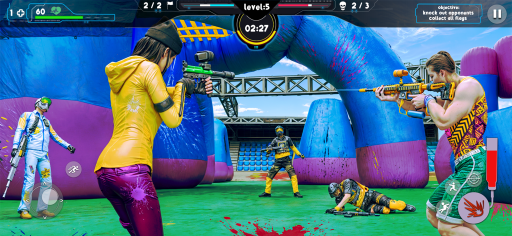 Paintball : The Airsoft Battle - Jugadores compitiendo en una colorida arena de paintball 3D con obstáculos inflables y equipo táctico
