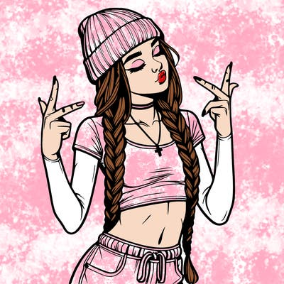 realistic teenage girl with braids and a beanie and crop top doing 🫶🏼