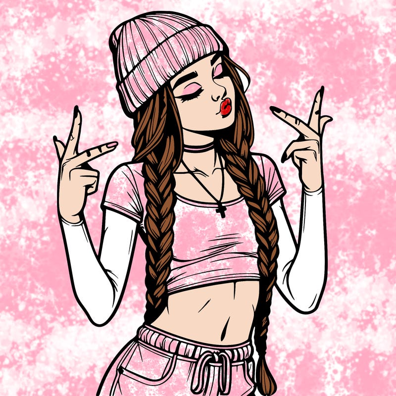 realistic teenage girl with braids and a beanie and crop top doing 🫶🏼