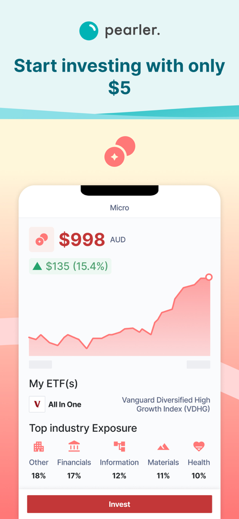 Pearler - Panel de la aplicación Pearler que muestra una cartera de microinversión con un gráfico de crecimiento y exposición sectorial para un ETF de Vanguard.