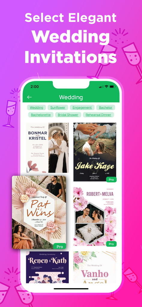 Selection of professional wedding invitation templates on a mobile app interface