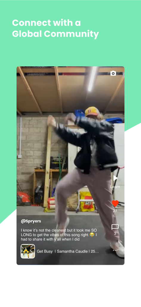 Un usuario compartiendo un video de baile en la aplicación STEEZY con una leyenda sobre su progreso y funciones de participación comunitaria