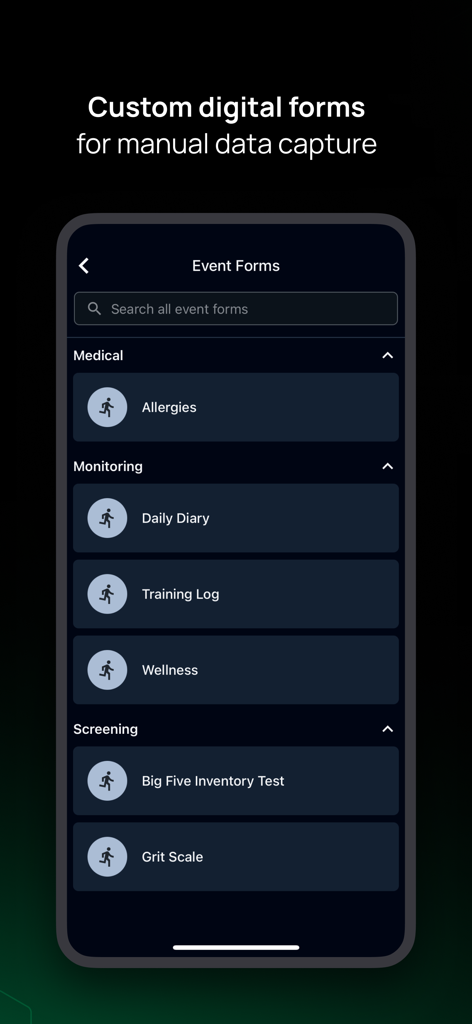 Teamworks AMS - Teamworks AMS mobile app interface displaying custom digital forms for manual data entry and athlete monitoring.