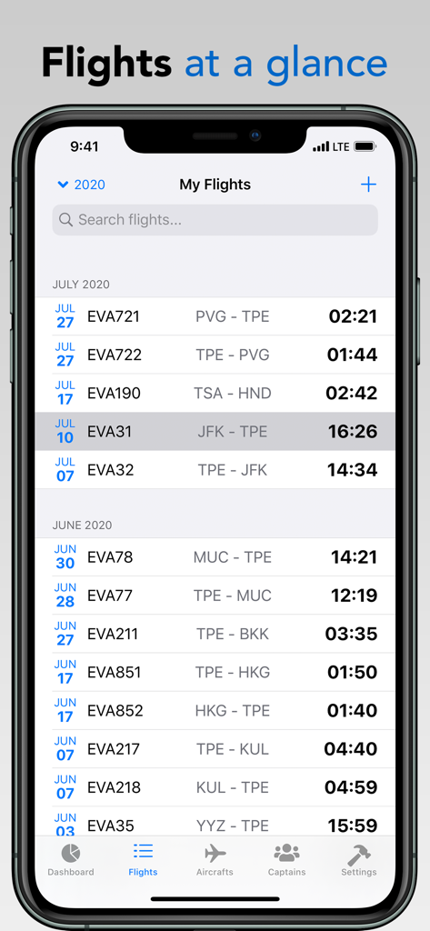 Captain Logbook - Eine Liste der erfassten Flüge mit Flugnummern, Routen und Flugzeiten in der Captain Logbook App