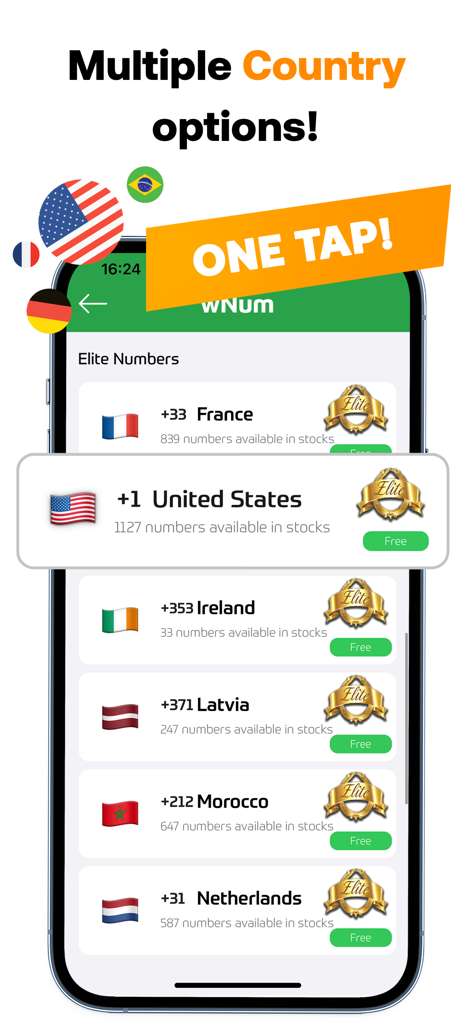 wNum | Number for WA Business - Interfaccia dell'app che mostra più opzioni di paesi per numeri virtuali di WhatsApp Business.