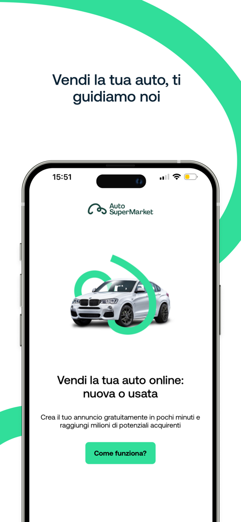 Ecrã da aplicação móvel AutoSuperMarket para vender carros novos ou usados em Itália